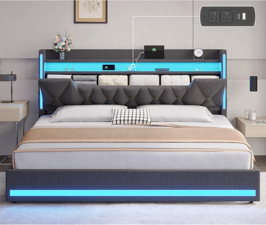 King Size Bed Frame with LED Lights & Charging Station