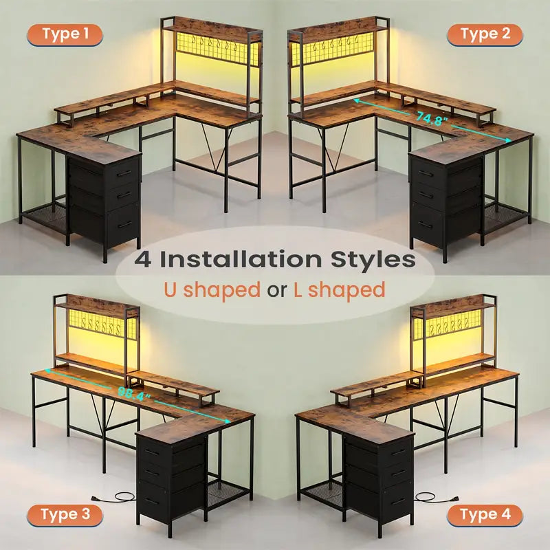 Reversible Gaming Desk with Charging Station & Drawers