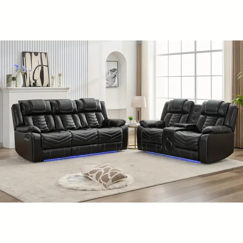 Recliner Sofa Set with Wireless Charger for Living Room, Leather 3 Seater Reclining Sofa and Loveseat
