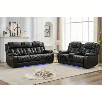 Recliner Sofa Set with Wireless Charger for Living Room, Leather 3 Seater Reclining Sofa and Loveseat