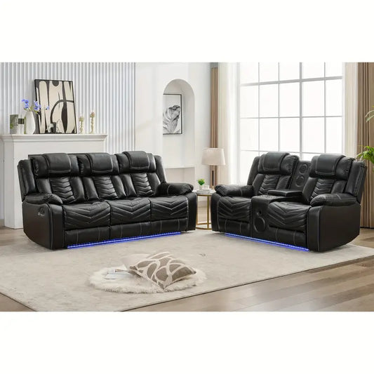 Recliner Sofa Set with Wireless Charger for Living Room, Leather 3 Seater Reclining Sofa and Loveseat