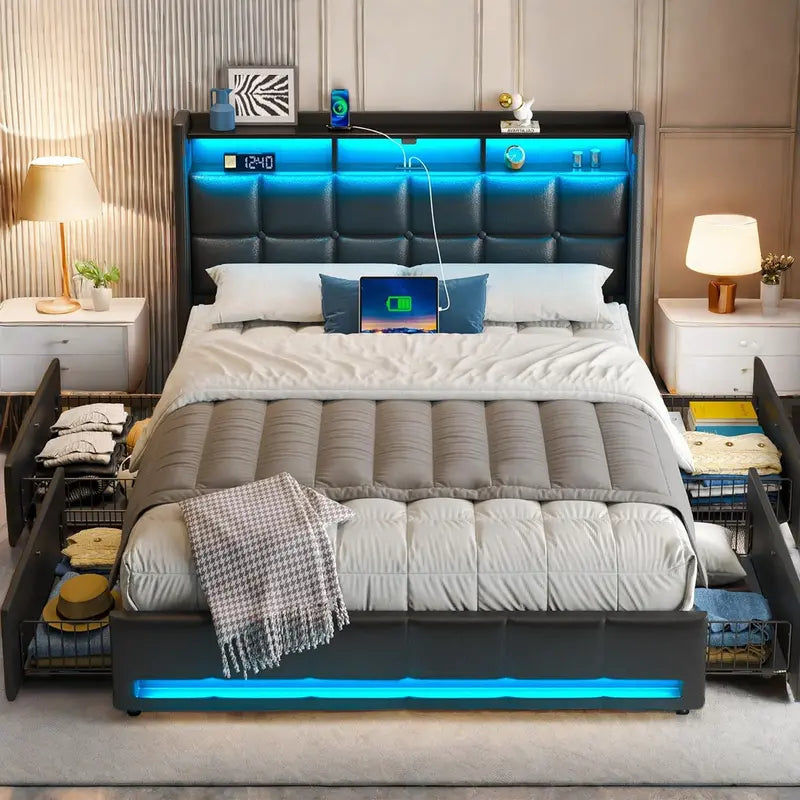 Queen Bed Frame with LED Lighting, Built-in Charging Station