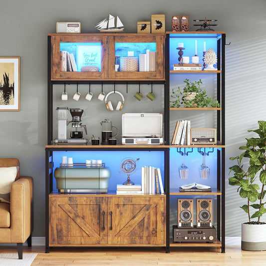 Bakers Rack, Storage Cabinet With LED Lights & 8 Hooks