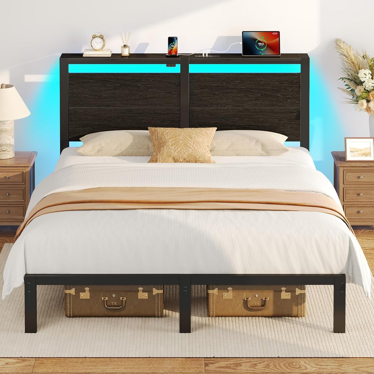 Full Size Bed Frame with Charging Station, Headboard & LED Lights