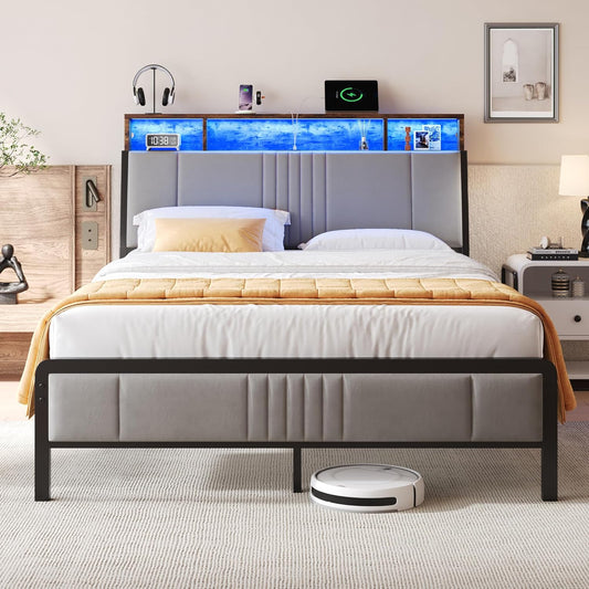 Queen Size Bed Frame with Storage Headboard and Charging Station