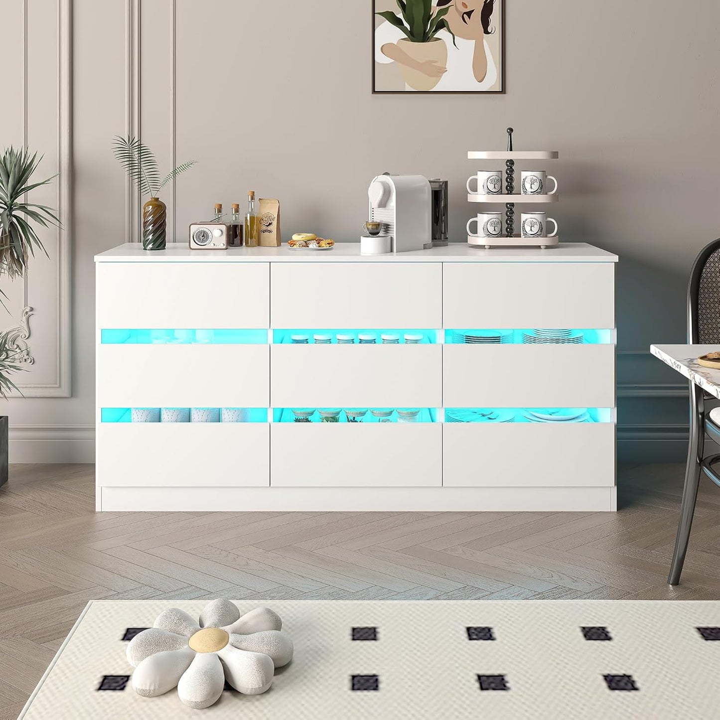9 Drawer Modern Dresser With LED Light & Spacious Storage (White)