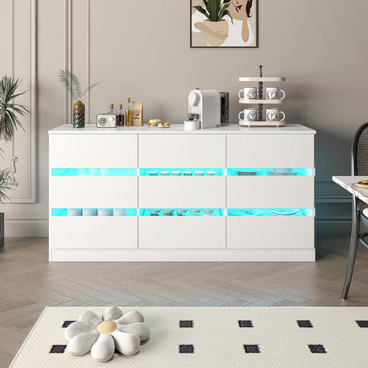 9 Drawer Modern Dresser With LED Light & Spacious Storage (White)