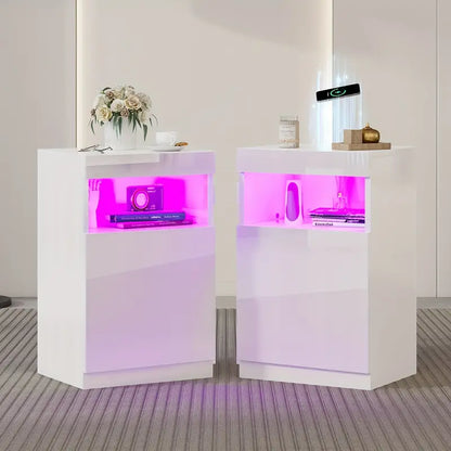 Set of 2, LED Nightstand with Wireless Charging Station