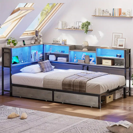 Metal Twin Size Gray Corner Bed Frame with 2 Drawers, Bookcase Storage, LED Lights & Charging Station