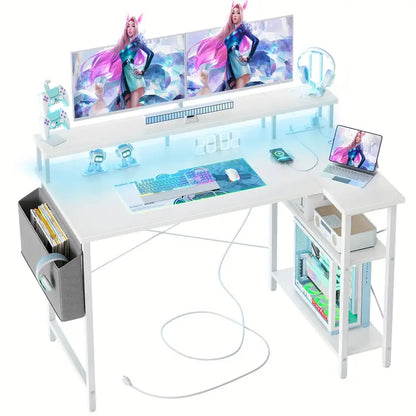47-Inch Corner Desk with LED Lights and Reversible Shelves