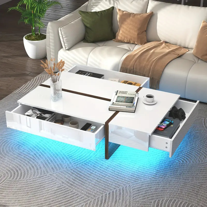 Rectangular Coffee Table With LED Light And Storage Drawers