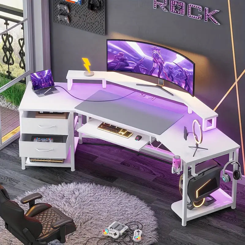 79" Large Gaming Computer Desk with 2 Spacious Fabric Drawers, LED Light, and Ample Storage