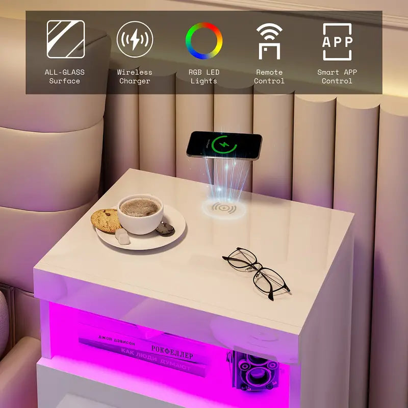 Set of 2, LED Nightstand with Wireless Charging Station