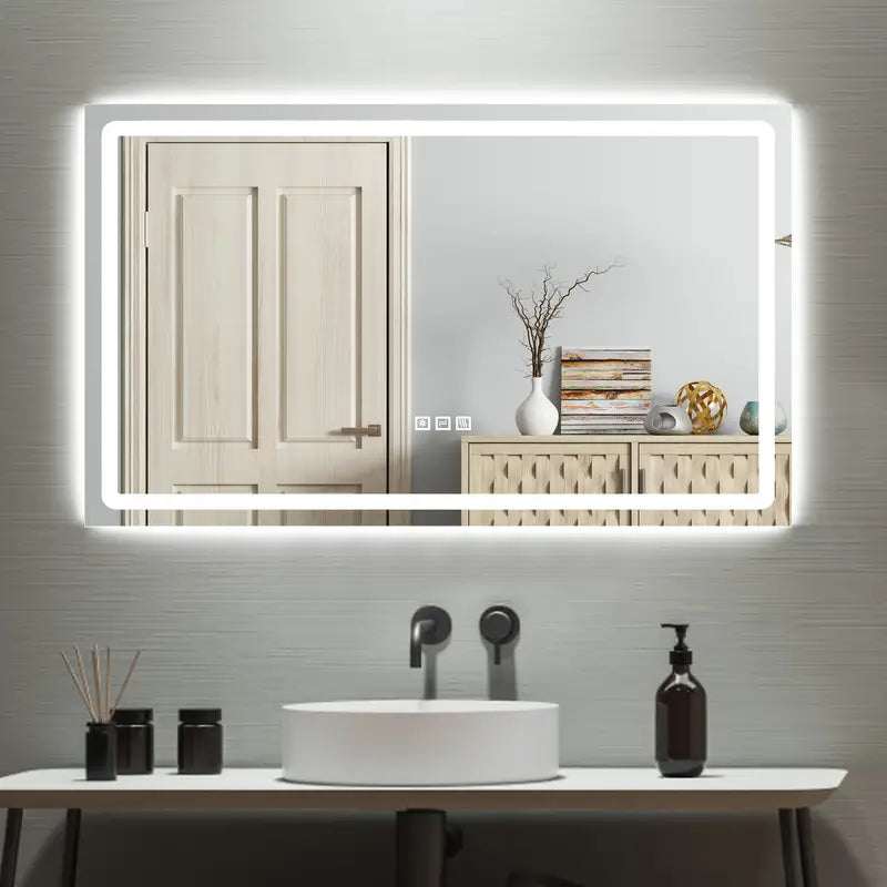 Silver Rectangle LED Bathroom Mirror - Anti-Fog, Waterproof, Wall Mounted Vanity Mirror with LED Lighting