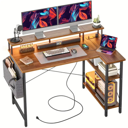47-Inch Corner Desk with LED Lights and Reversible Shelves