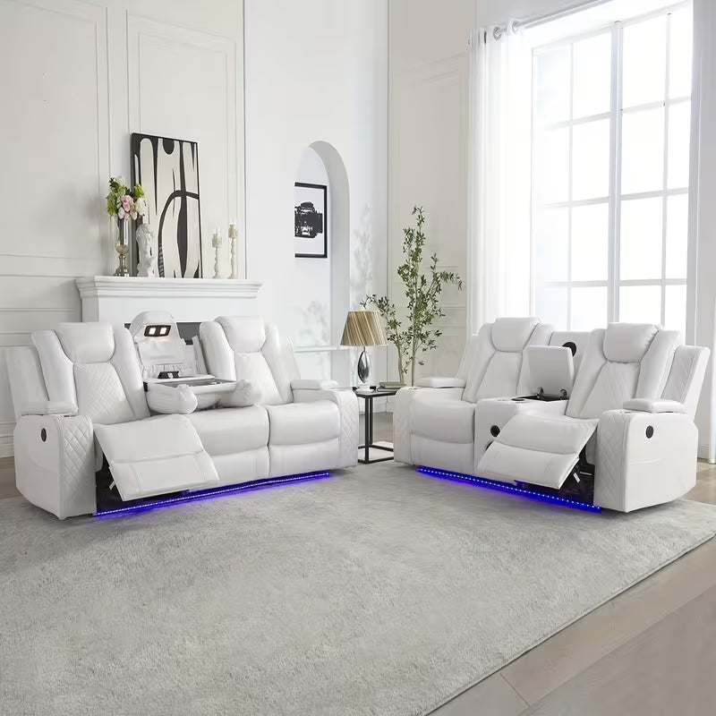 Recliner Sofa Set with Wireless Charger for Living Room, Leather 3 Seater Reclining Sofa and Loveseat