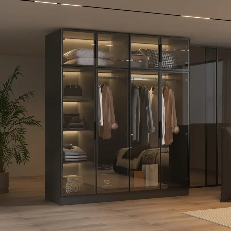 Elegant Wardrobe Closet with 3 LED Light Settings, Multiple Storage Shelves & Hanging Rods