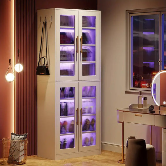 Shoe Storage Tall Cabinet With Adjustable Shelves & LED Lights
