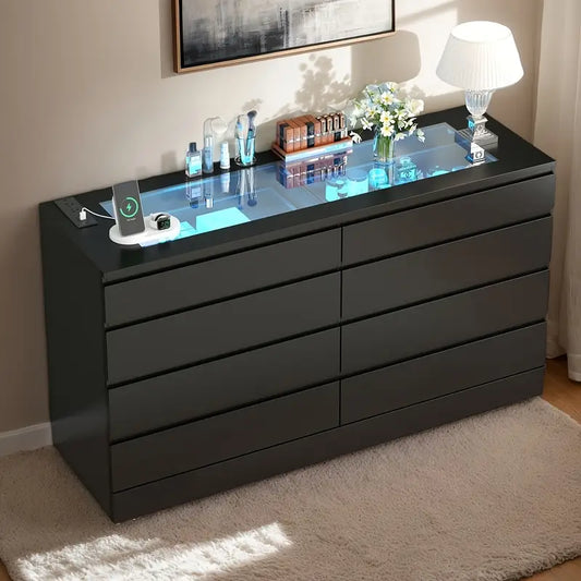 8-Drawer Dresser with Glass Top & Power Outlet