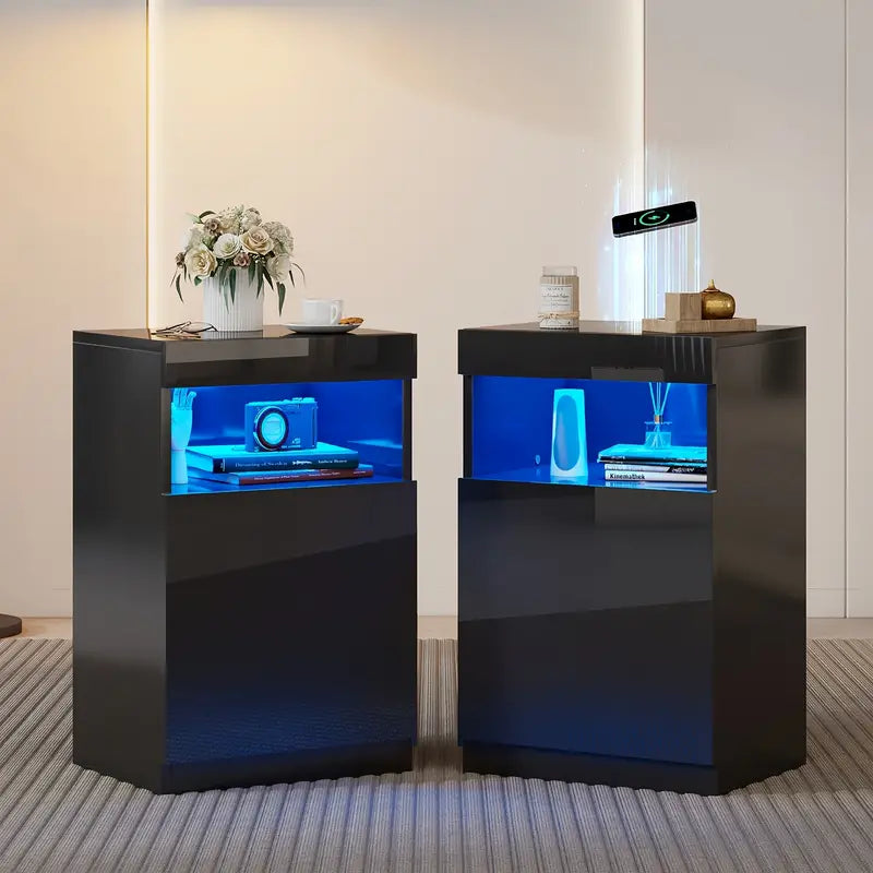 Set of 2, LED Nightstand with Wireless Charging Station