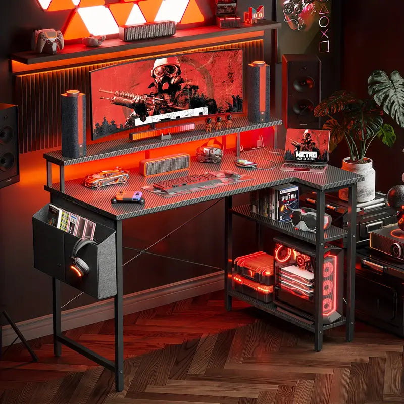 47-Inch Corner Desk with LED Lights and Reversible Shelves