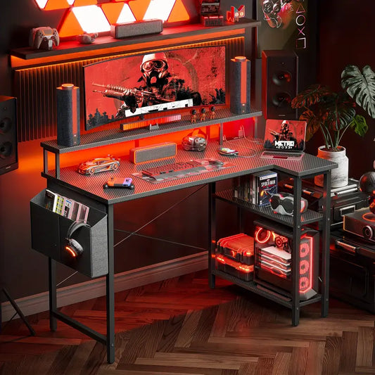 47-Inch Corner Desk with LED Lights and Reversible Shelves