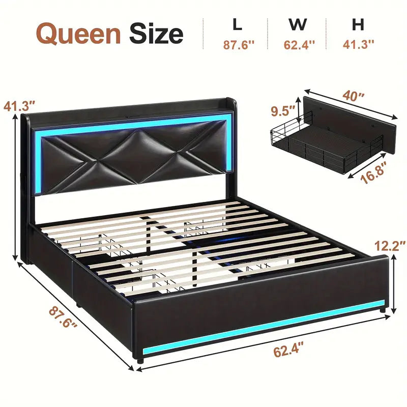 Queen Size Bed Frame with Storage Headboard and Drawers