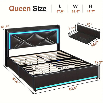 Queen Size Bed Frame with Storage Headboard and Drawers