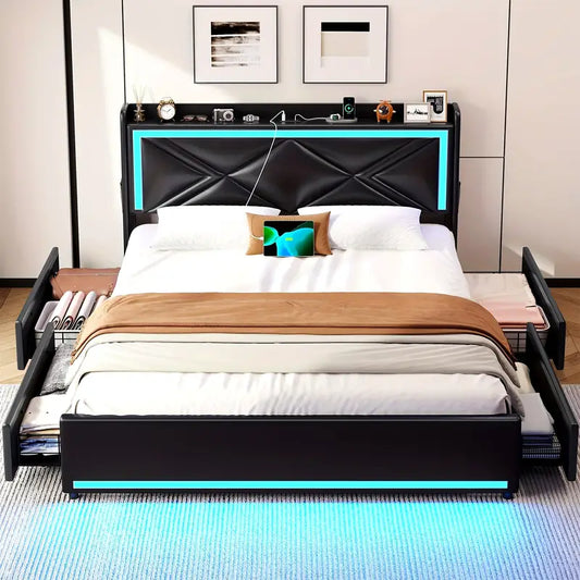 Queen Size Bed Frame with Storage Headboard and Drawers