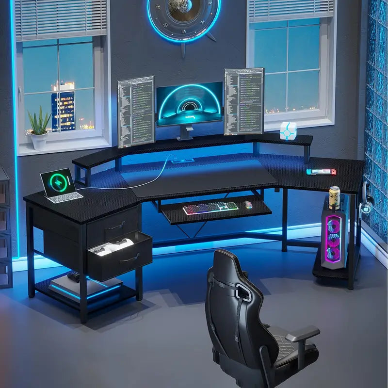 79" Large Gaming Computer Desk with 2 Spacious Fabric Drawers, LED Light, and Ample Storage