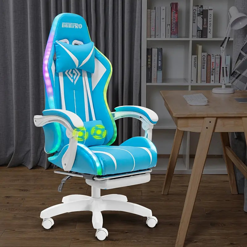 High-Back Ergonomic Computer Chair with Vibrant RGB LED Lights, Soothing Massage, Adjustable Lumbar Support, Linkage Armrest, Footrest, and Reclining Function