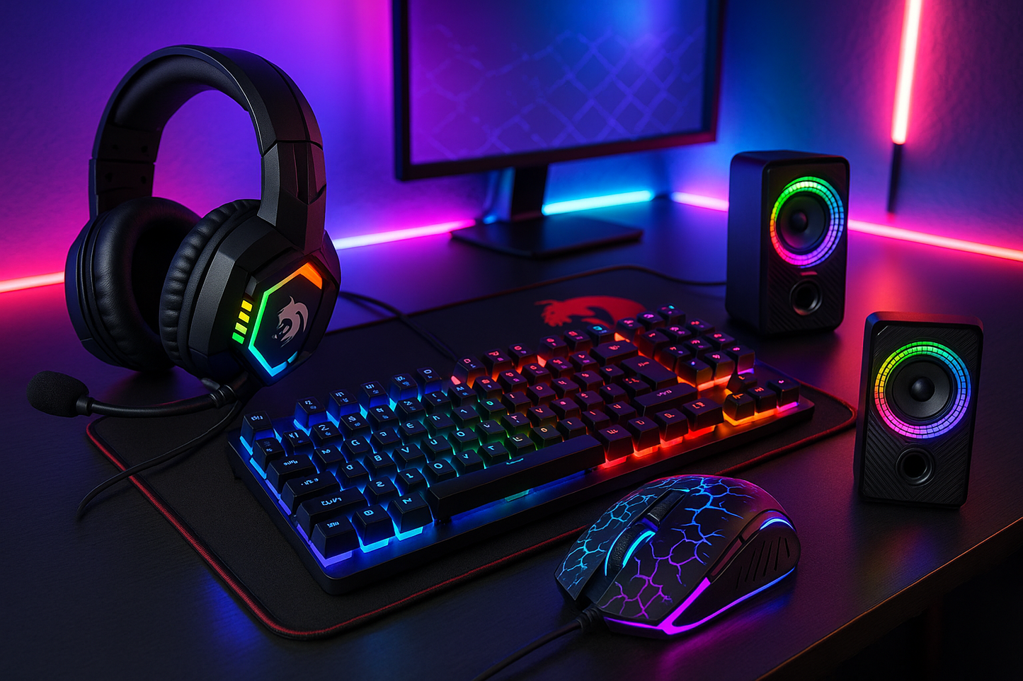 5in1 Wired Rainbow LED Backlit Keyboard and Mouse, Over Ear Headphone with Mic, Gaming Mouse and Pad